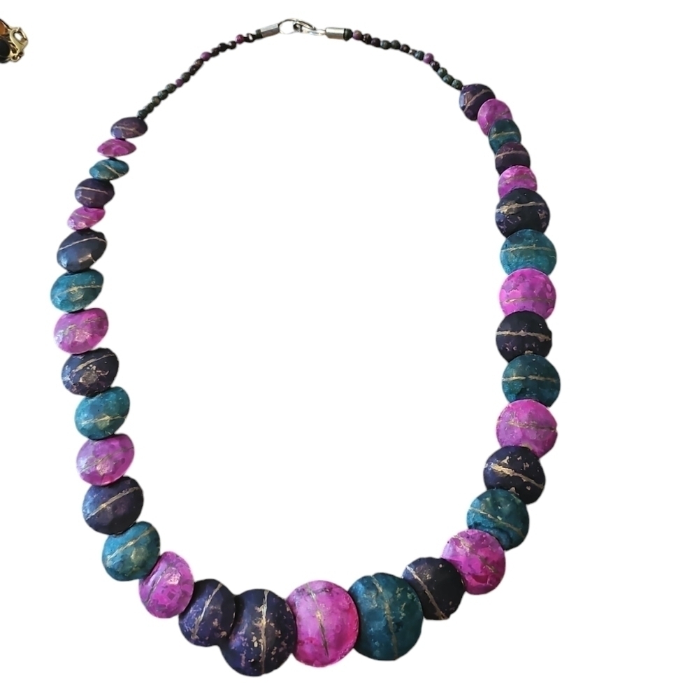 Vintage Graduated Teal and Pink Metal Beads with Gold Accents Necklace
